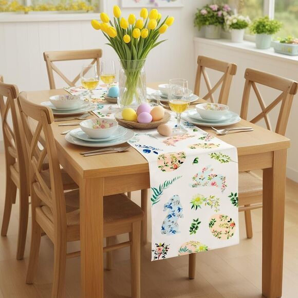 Easter Table Runner 13 x 72"  Happy Easter Rabbit Bunny Eggs Floral Linen NEW!! - Picture 5 of 7